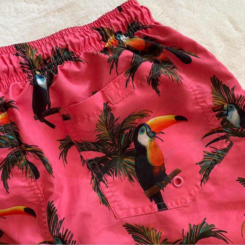 Pink tucan print mini workout shorts / swim trunks. Best fits Small. - Picture 4 of 10